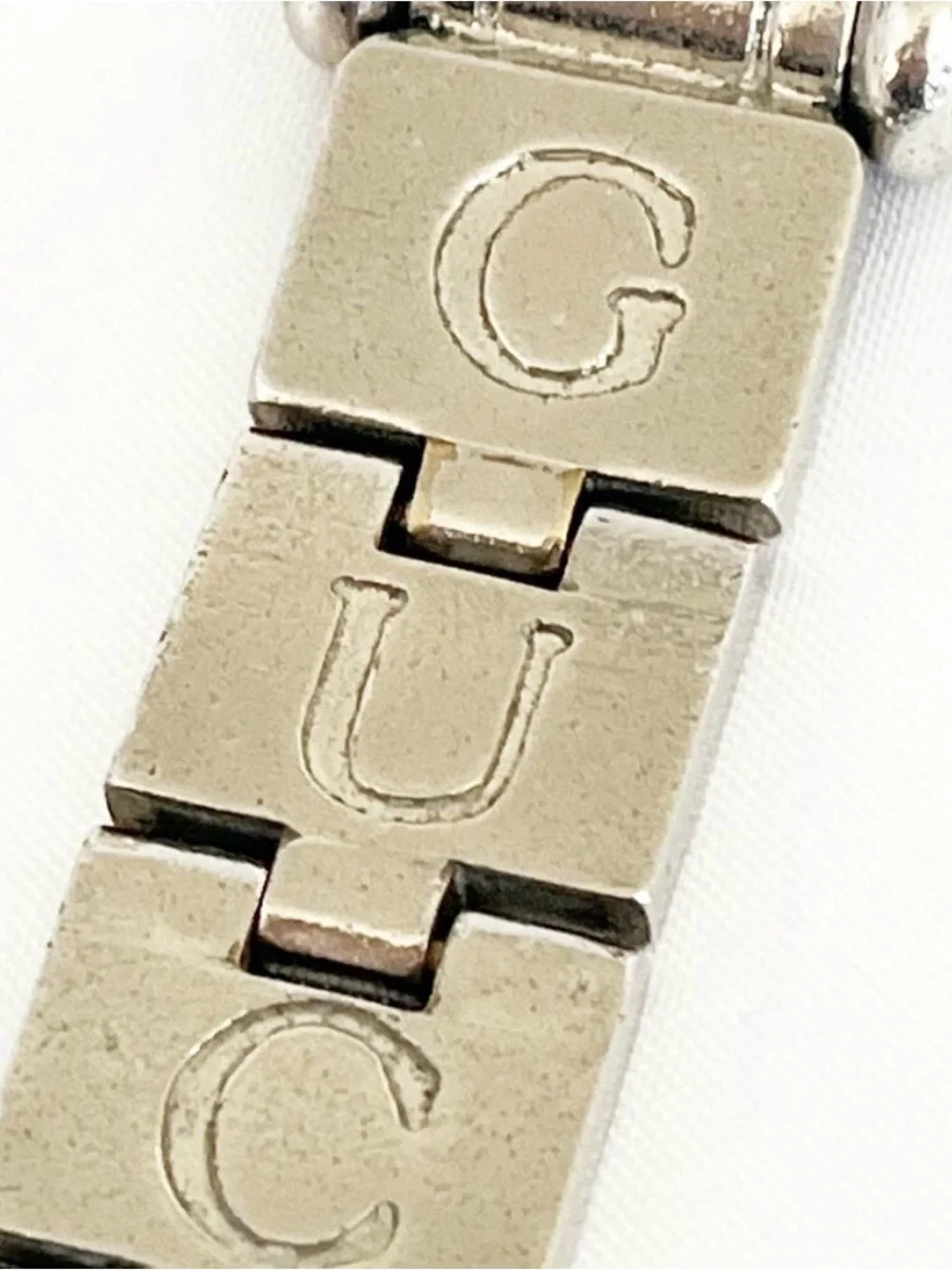 Vintage 1990s Gucci Articulated GUCCI Logo Keychain Silver Tone Made in Italy Ra